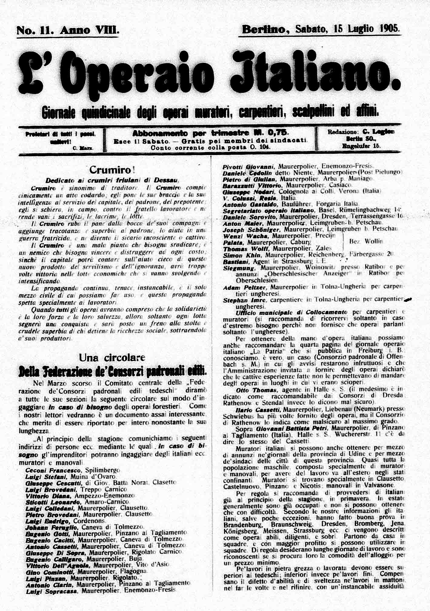 L'Operaio Italiano 15 luglio 1905 L'Operaio Italiano 15 luglio 1905