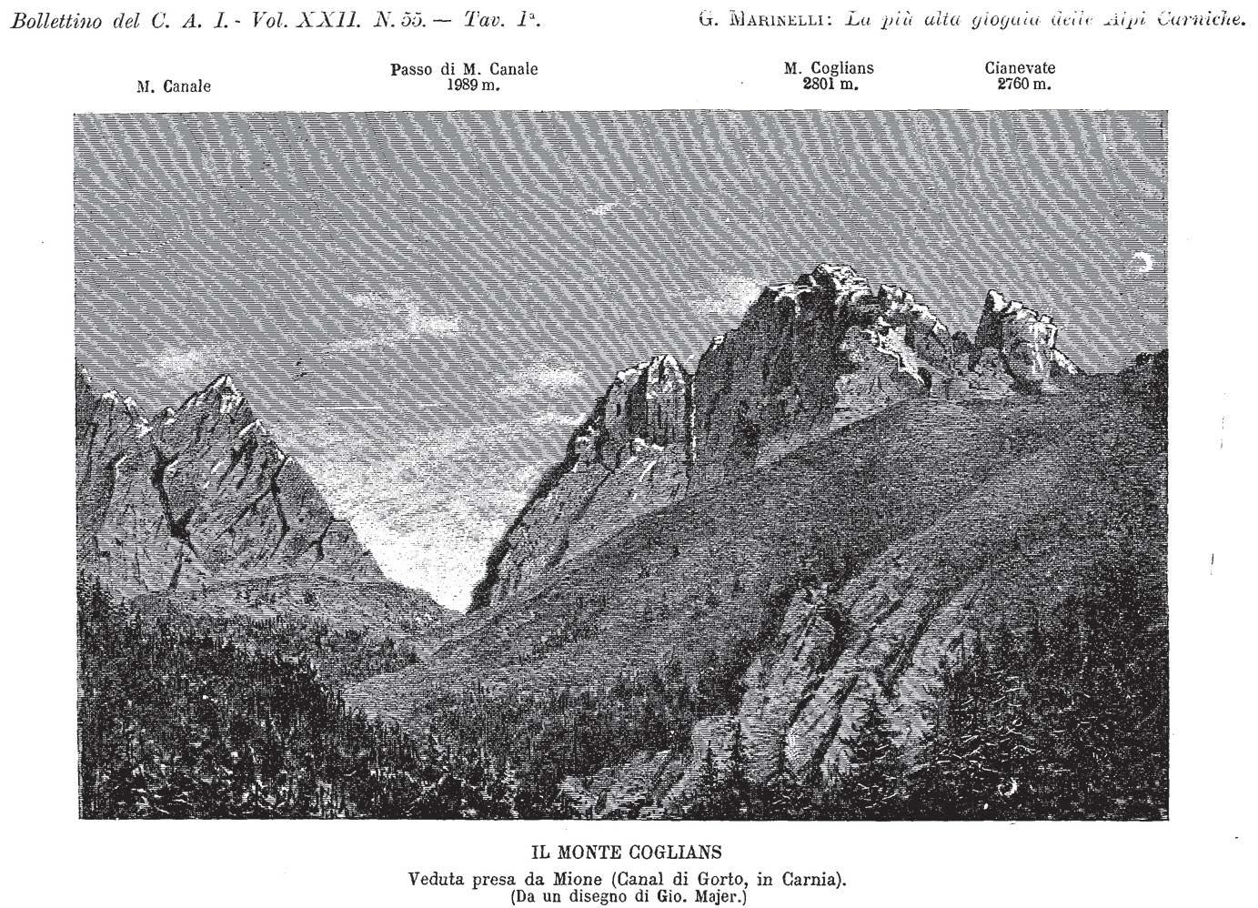 IL MONTE COGLIANS. Veduta presa da Mione (Canal di Gorto in Carnia) - Da un disegno di Gio. Majer IL MONTE COGLIANS. Veduta presa da Mione (Canal di Gorto in Carnia) - Da un disegno di Gio. Majer
